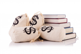 textbooks and money bags