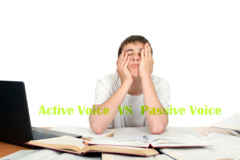 Stressed student sitting with books and a laptop on the table, confusing about the use of active and passive voice.