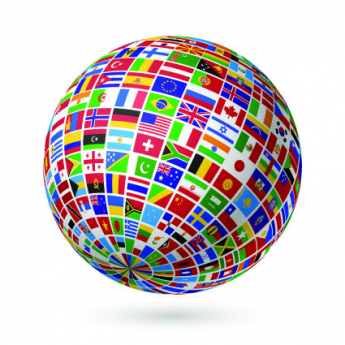 A globe with international flags