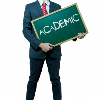 A man standing with the word academic written on a black board 